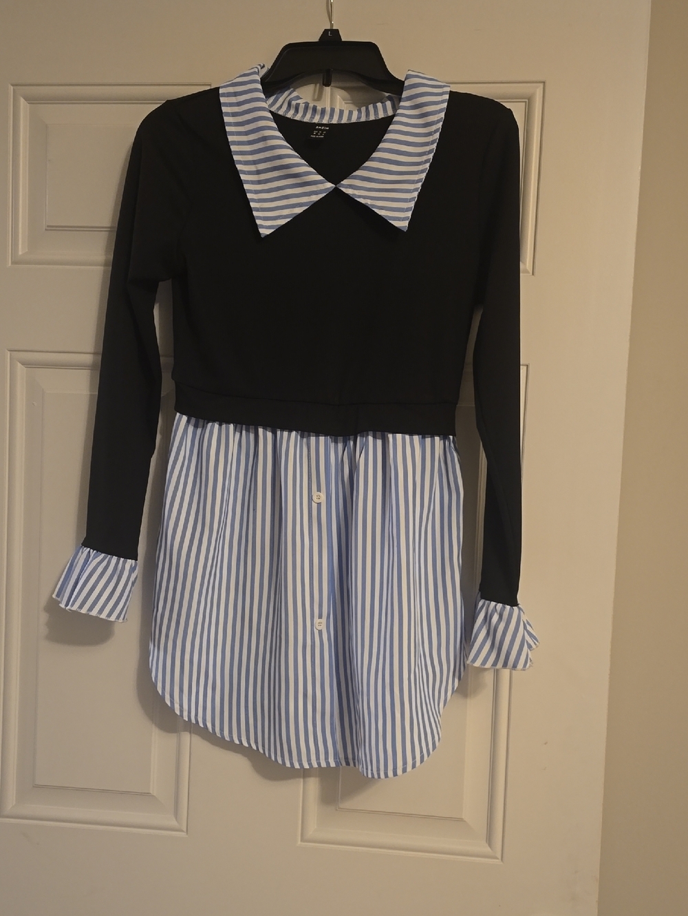 Black & Blue Striped Collar Kids Dress - Classic Layered Look